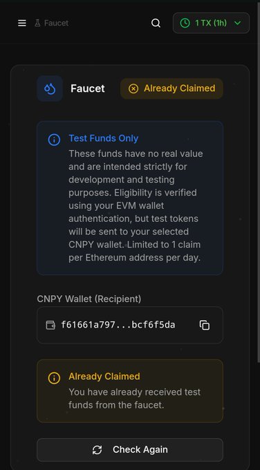 The image shows a testnet faucet page displaying "1 TX (th)" with an "Already Claimed" status for wallet address starting with "f61661a797...bcf6f5da," noting that test funds have no real value and are limited to one claim per day. While the accompanying post praises CNPY Network's focus on quality contributions over farming volume, the image doesn't directly illustrate that point—instead showing a developer-facing faucet interface, suggesting the author is hands-on with the CNPY ecosystem (likely testing on the ThunderCore-based 1 TX chain) while commenting on the network's community philosophy.