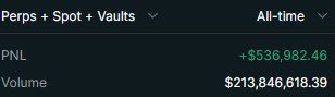 A stock/crypto ticker display showing 'Perps + Spot + Vaults' with All-Time PNL of +$539,602.45 and volume of $213,845,618.39.