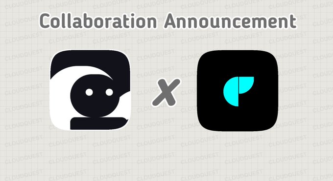 A 'Collaboration Announcement' graphic featuring the logos of CloudQuest and another company (with a teal 'P' shape) separated by an 'X' on a grid background.