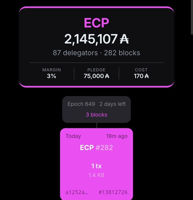 A digital dashboard interface displaying 'ECP' with a value of '2,145,107 ₳', '87 delegators · 282 blocks', 'MARGIN 3%', 'PLEDGE 75,000 ₳', and 'COST 170 ₳', along with details for 'ECP #282'.