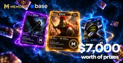 A promotional advertisement for 'MEMEbase' featuring three character cards against a cosmic background, advertising '$7,000 worth of prizes'.