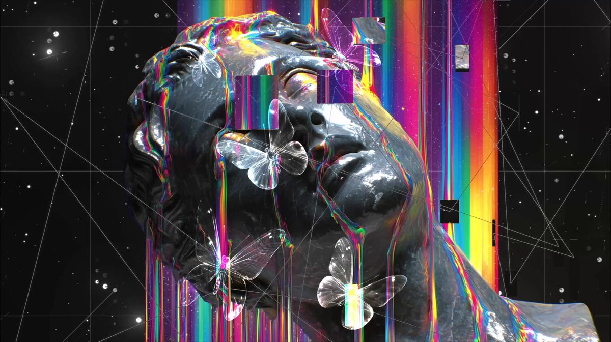 The image features an abstract art piece with a black metal sculpture of a face that has been transformed into a colorful butterfly-like creature, surrounded by rainbow colors. The butterfly's wings are spread out, giving the impression of floating or dancing. The background is dark and filled with stars, creating a contrast to the vibrant colors on the sculpture. The image also includes text that reads "You Make My Darkness Look Like a Dream" and "There are moments when darkness softens into something almost beautiful".
