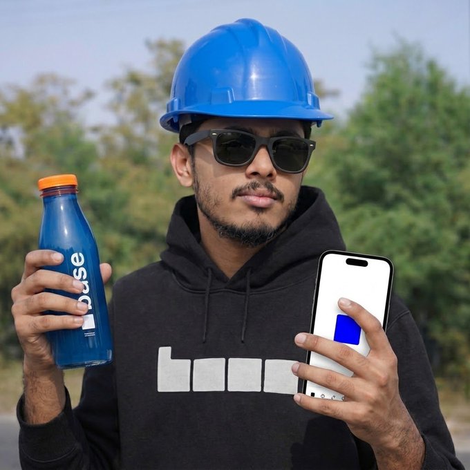 A man wearing a blue hard hat and sunglasses, holding a blue 'pulse' water bottle in one hand and a smartphone in the other, with the screen displaying a white interface with a blue square.