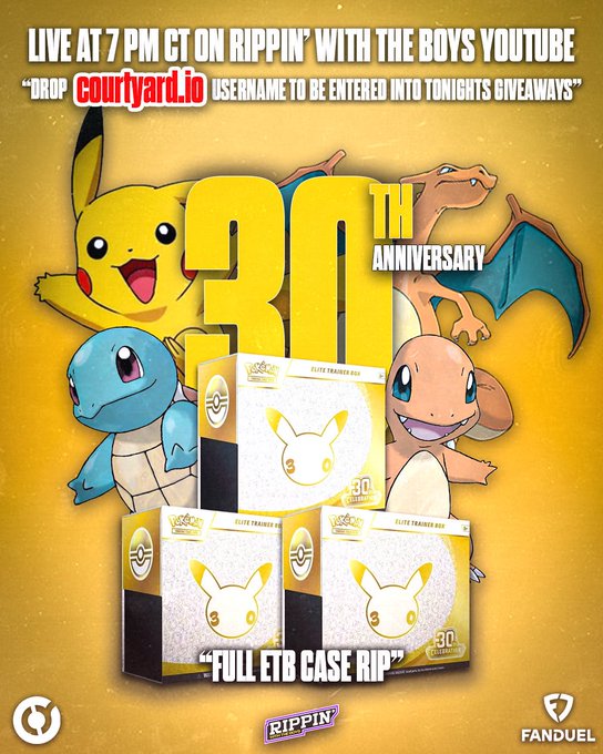 A promotional graphic for a live "Rippin' With the Boys" YouTube event at 7 PM CT, featuring Pokémon 30th Anniversary artwork and a "Full ETB Case Rip" featuring three Pokémon TCG 30th Anniversary Elite Trainer Boxes, with viewers encouraged to drop their Courtyard.io usernames for giveaways.