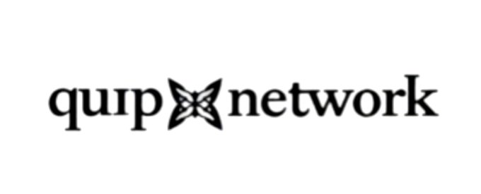 A black and white logo for 'quip network' featuring a geometric butterfly icon between the words 'quip' and 'network'.