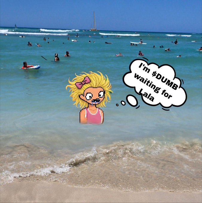 A pixelated blonde cartoon girl in a pink swimsuit stands in the ocean with a thought bubble reading "I'm $DUMB waiting for LaLa." The image humorously ties to the post's celebration of "$DUMB" as the "alpha," depicting the character as eagerly anticipating more of the trending meme.