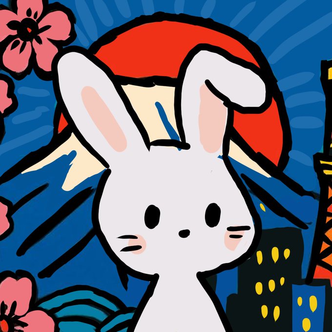 A cartoon illustration of a white bunny with pink cheeks set against a blue background with flowers and buildings.