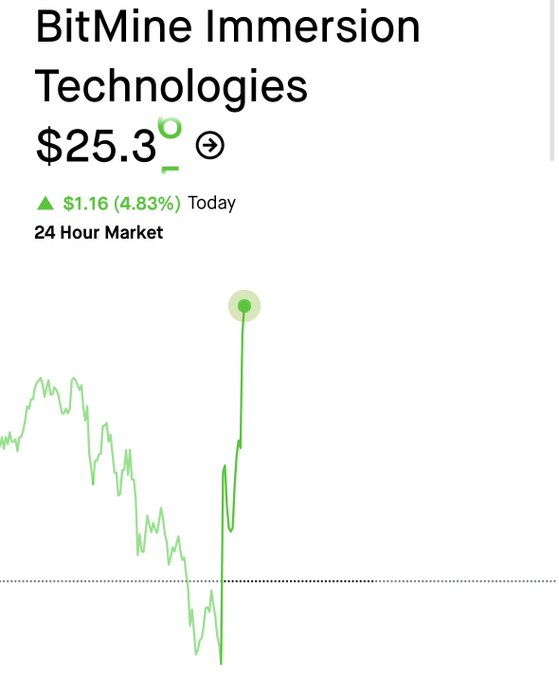 The image shows a stock chart for BitMine Immersion Technologies ($BMNR) at $25.30, up $1.16 (4.83%) today on a 24-hour market view, with the price line spiking sharply upward near the end of the displayed period. This aligns with the post highlighting $BMNR crossing above $25, where its price now matches its MNAV (Market Net Asset Value) at a 1.00 ratio.