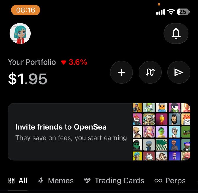 A mobile crypto/NFT portfolio screen shows “Your Portfolio ▼ 3.6%,” “$1.95,” buttons for adding and sending, an NFT grid, and tabs labeled “All,” “Memes,” “Trading Cards,” and “Perps.”