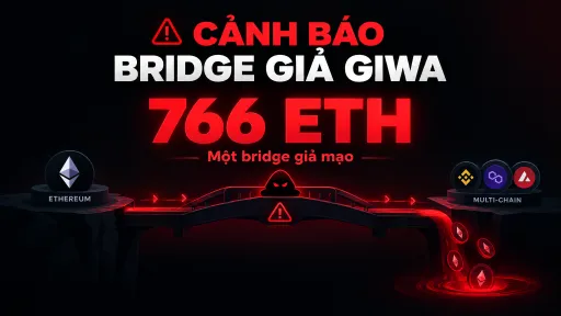 A red and black warning graphic reading "CẢNH BÁO BRIDGE GIẢ GIWA 766 ETH" with the subtitle "Một bridge giả mạo," showing Ethereum being transferred across a bridge to multi-chain networks.