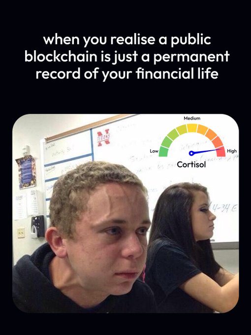 A man in a classroom appears visibly stressed, with a cortisol meter graphic showing his levels spiking to "High," under the caption "when you realise a public blockchain is just a permanent record of your financial life."

The image humorously illustrates the post's concern about permissionless blockchains creating transparent, permanent financial records—visually representing the anxiety that comes from knowing your entire transaction history is publicly searchable.