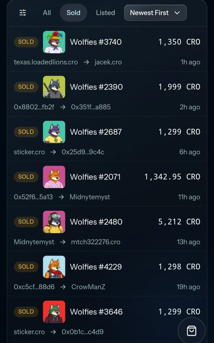 A screenshot of NFT sales activity for 'Wolfies' collection with multiple sold transactions showing prices in CRO (Cronos), listing recent sales like Wolfies #3740 for 1,350 CRO.