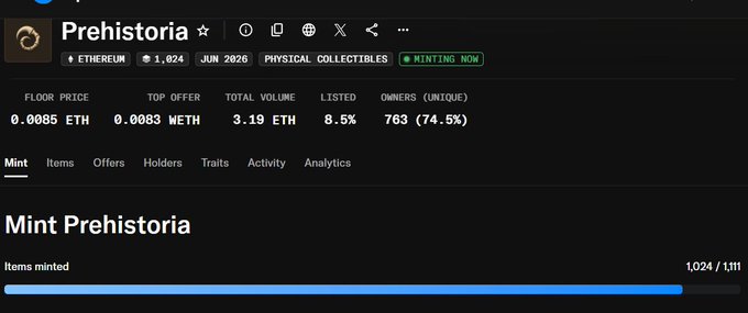 A dark-themed NFT marketplace interface for "Prehistoria" collection on Ethereum showing 1,024 items minted, floor price of 0.0085 ETH, and 763 unique owners.