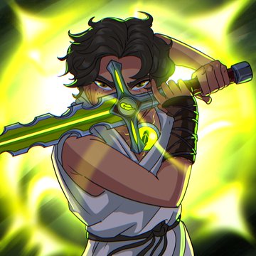 A stylized digital illustration features a warrior with dark hair wielding a glowing green and gold sword against a vibrant green background. The post celebrates the artwork's sleek design and expresses intent to mint it as an NFT, with "/dyor/" reminding viewers to do their own research before participating.