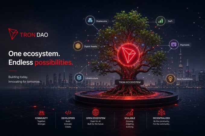 A Tron DAO promotional graphic featuring a glowing tree with the TRON logo, surrounded by features like Stablecoins, DeFi, Digital Assets, Payments, Infrastructure, and New Possibilities, with the tagline 'One ecosystem. Endless possibilities.' and key values including Community, Developers, Open Ecosystem, Scalable, and Decentralized.