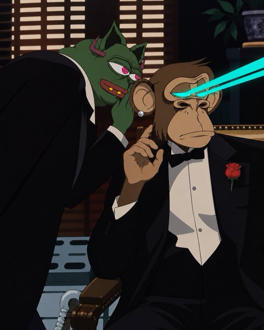 An animated scene featuring a green-skinned cat-like character in a suit whispering into the ear of a monkey in a tuxedo with a red rose boutonniere, with cyan laser beams shooting from the monkey's eyes.