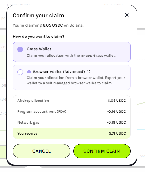 A mobile interface for confirming a USDC claim on Solana, offering options for Grass Wallet or Browser Wallet, showing a net receipt of 5.71 USDC after fees.