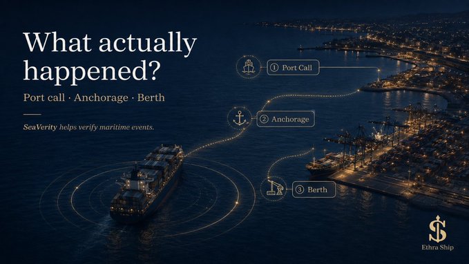 The image is a promotional graphic for Ethra Ship featuring a nighttime aerial view of a cargo ship at sea, with overlay text reading "What actually happened? Port call · Anchorage · Berth" and noting that "SeaVerity helps verify maritime events." The graphic illustrates three numbered maritime activities (① Port Call, ② Anchorage, ③ Berth) along a ship's illuminated path, visually supporting the post's message about Ethra Ship connecting onchain capital to real-world maritime industry infrastructure.