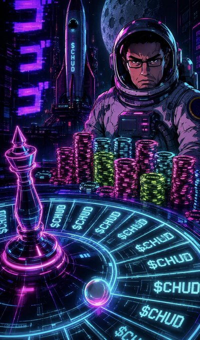 A vibrant, neon-colored digital artwork depicts an astronaut in a space helmet standing behind stacks of colorful casino chips on a roulette table marked '$CHUD', with a rocket and moon in the background.