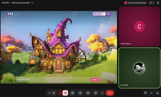 A Google Meet video call between "Chef Goose and Saf2" and "Cryp Saf" displays a whimsical purple-roofed fantasy cottage with the text "Phase 2/3 - Public" and a community count of 48,996, accompanying a post about discussing the Everdraw_RPG project and its pre-drop season zero.