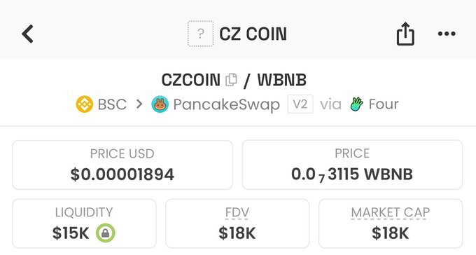 A cryptocurrency tracking interface displays CZCOIN/WBNB token pair on PancakeSwap V2 via Four on BSC network, showing a price of $0.00001894 USD or 0.0₇3115 WBNB, with $15K liquidity, $18K FDV, and $18K market cap. The contract address 0x29CA927979c481E1a1B6348c6D5e00eCc1304444 corresponds to this low-liquidity CZCOIN token.