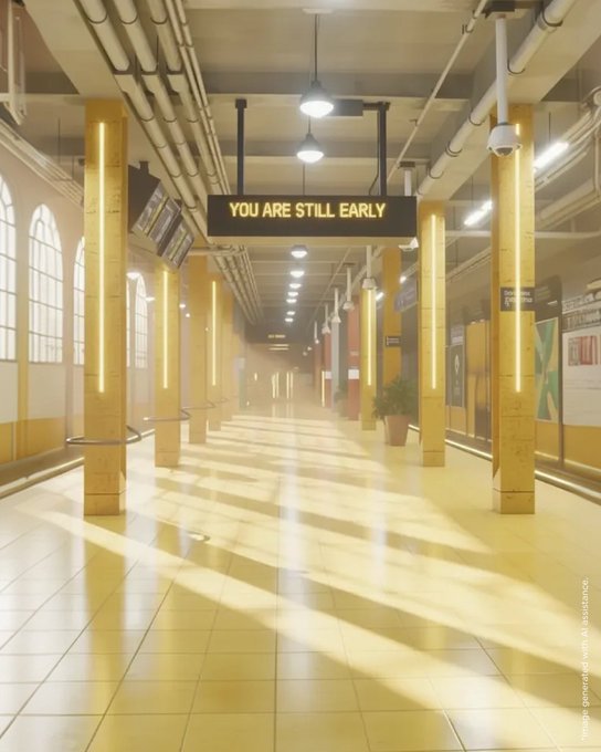 An empty hallway bathed in golden sunlight stretches ahead, anchored by an LED sign reading "YOU ARE STILL EARLY." The phrase reinforces the post's message, suggesting the viewer has arrived before others notice something significant on the horizon.