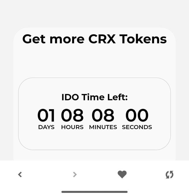 A digital countdown timer displays 'Get more CRX Tokens' with 'IDO Time Left:' showing 01 days, 08 hours, 08 minutes, and 00 seconds.