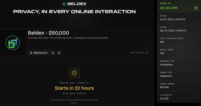 A webpage screenshot for a token sale on the Beldex platform, titled 'PRIVACY, IN EVERY ONLINE INTERACTION', showing a $50,000 reward amount, 300 available spots, and a start time of '00 22H 39M'.
