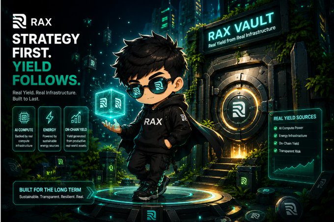 A promotional graphic for RAX (RaxFinance) features a chibi-style character in a black RAX hoodie holding a glowing cube in front of the "RAX VAULT" labeled "Real Yield from Real Infrastructure." The image reinforces the post's message that real APY must be backed by tangible assets, highlighting RAX's pillars of AI Compute, Energy, and On-Chain Yield, as well as its emphasis on sustainable, transparent, long-term infrastructure rather than emissions-based yields.