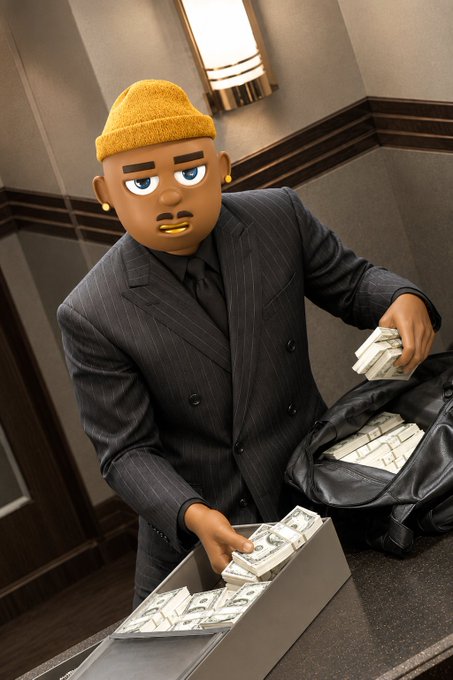 A 3D-rendered cartoon figure with a yellow beanie and dark pinstripe suit holds a duffel bag overflowing with stacks of hundred-dollar bills.