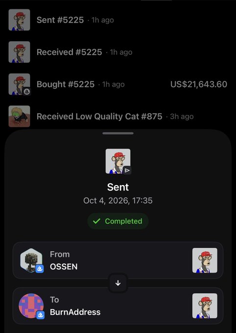 A mobile app screenshot shows NFT/crypto transaction history, including a sale of #5225 for US$21,643.60 and a completed transfer from 'OSSEN' to 'BurnAddress'.