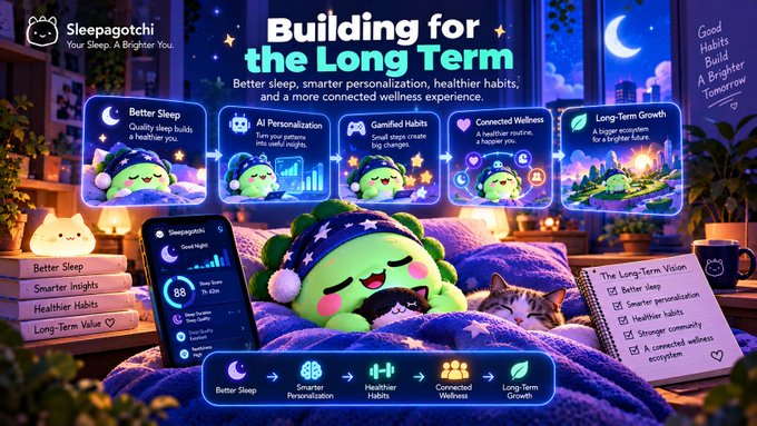 A colorful promotional graphic for "Sleepagotchi" titled "Building for the Long Term" showcases a cute sleeping character, a smartphone app interface, and feature cards including "Better Sleep" and "AI Personalization".