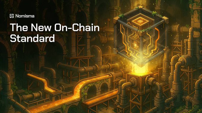 A digital artwork titled "Normisma: The New On-Chain Standard" depicts glowing, interconnected pipes and circuitry flowing with molten energy through an industrial fantasy setting, symbolizing the seamless flow of data on a dedicated blockchain. The imagery of a self-contained, luminous pipeline network reinforces the message that Nomisma's subchain model enables dApps to operate independently, free from the synchronization constraints of shared chains.