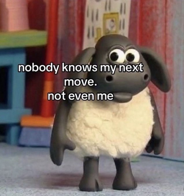 The image features Shaun the Sheep from the stop-motion animation, with text overlay reading "nobody knows my next move. not even me," humorously playing on the "trust the process" sentiment by suggesting unpredictability is the strategy itself.