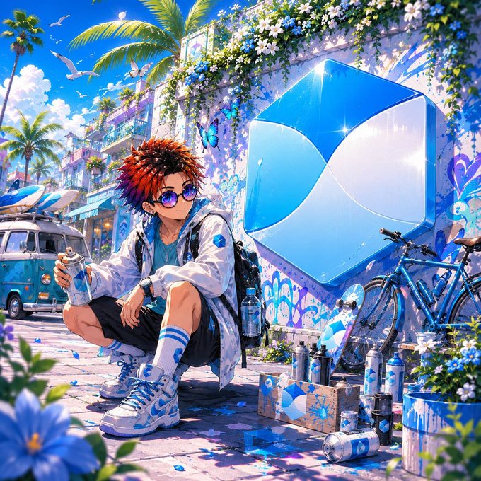 Anime-style artwork of a red-haired character with sunglasses crouching near a large blue and white logo on a graffiti-covered wall, surrounded by palm trees, butterflies, bicycles, and spray paint cans.