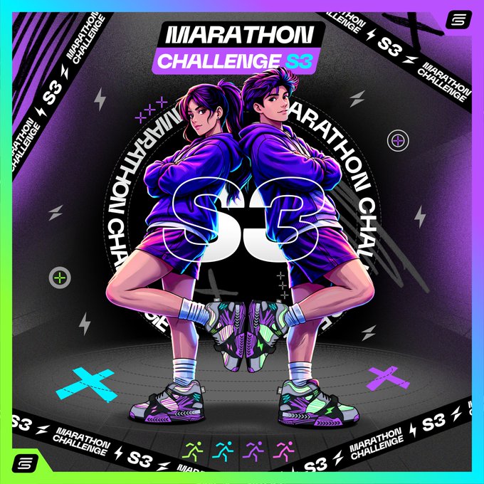 A digital poster for the 'Marathon Challenge S3' features two anime-style characters in purple hoodies and shorts standing back-to-back, surrounded by the event's branding and lightning bolt motifs.