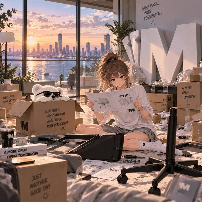 A young woman sits on the floor of a sunlit high-rise apartment, sketching in a notebook labeled "CHAIR" beside a small white bear wearing sunglasses peeking out of a cardboard box marked "GOOD THINGS NEW BEGINNINGS SOME PEOPLE MORE POSSIBILITIES," surrounded by boxes reading "NEW SPACE SOME DREAMS," "A MORE OPEN TOMORROW," and "JUST ANOTHER GOOD DAY," with large "M" letters and a city skyline at sunset in the background.

The image visually reflects the post's theme of mintabear's upcoming debut on Robinhood—using the moving boxes and "new beginnings" messaging to evoke a fresh arrival, while the shy, sunglasses-wearing bear embodies the NFT meeting a broader audience before they ever review its roadmap or utility.