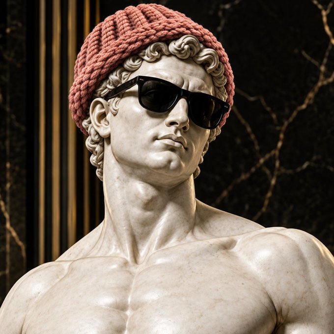 A classical marble statue of a man wearing a modern pink beanie and black sunglasses against a dark marble background.