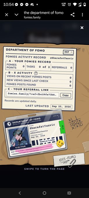 A mobile screenshot showing 'The Department of Fomo' activity record for user @sharafatTanvir with a referral link, a visitor ID card, and a tic-tac-toe graphic.