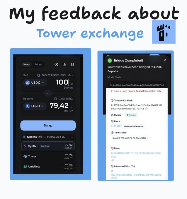 A social media post titled 'My feedback about Tower exchange' showing screenshots of a swap interface and a 'Bridge Completed!' confirmation for a transaction on Linea Sepolia.