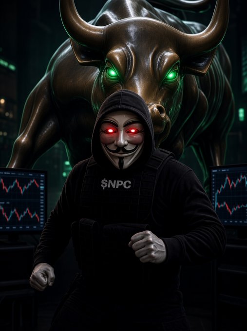 A dark, dramatic illustration shows a hooded figure wearing a V for Vendetta-style mask with glowing red eyes and "$NPC" on the chest, standing in front of trading screens with a menacing bronze bull behind them.