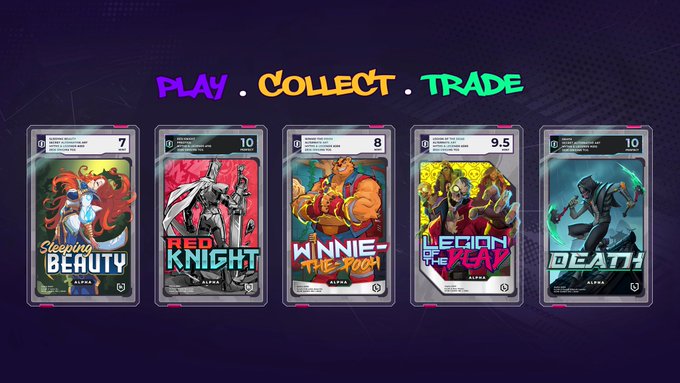 Trading card game promotional banner reading 'PLAY . COLLECT . TRADE' showcasing five character cards: Sleeping Beauty (7), Red Knight (10), Winnie-the-Pooh (8), Legion of the Play (9.5), and Death (10).