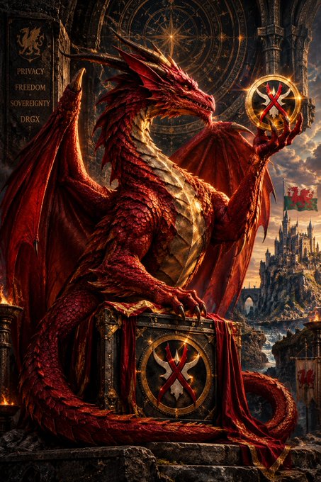 A fantasy illustration of a red dragon holding a glowing orb, perched above a treasure chest bearing a symbol, with text 'PRIVACY FREEDOM SOVEREIGNTY DRGX' on a banner to the left.