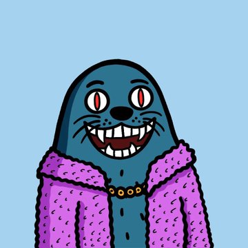 A cartoon illustration of a blue seal-like creature with wide eyes, prominent teeth, wearing a purple fur coat and a gold chain necklace against a light blue background.
