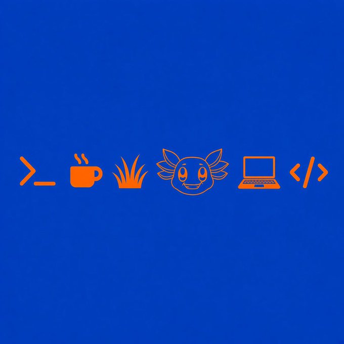 An orange graphic on a blue background featuring a row of icons: a command line prompt, coffee cup, grass, a cow face, a laptop, and code brackets.