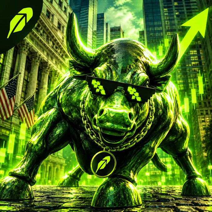 A green-tinted stylized image of a bull statue wearing pixelated sunglasses and a chain necklace, set against a city street backdrop with an upward-pointing arrow.