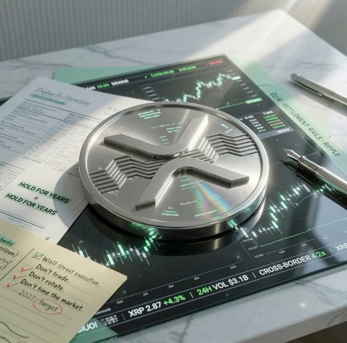 A 3D rendering of an XRP (Ripple) cryptocurrency coin resting on financial documents and stock charts, accompanied by a pen and notes including 'HOLD FOR YEARS'.