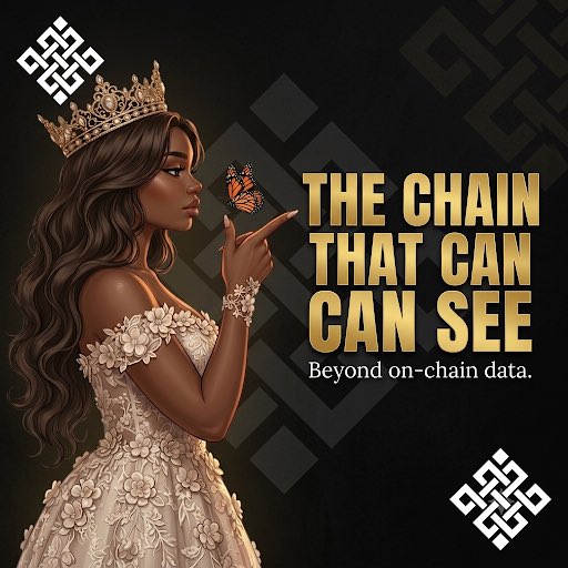 A promotional graphic featuring an illustrated dark-skinned woman wearing a crown and floral dress pointing at a butterfly, with text reading 'THE CHAIN THAT CAN CAN SEE - Beyond on-chain data.'