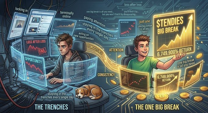 The image contrasts two stock traders—one exhausted in "THE TRENCHES" with red charts labeled "LOSS AFTER LOSS," "paying attention," and "consistency," while the other celebrates in "THE ONE BIG BREAK" with a glowing "STENDIES BIG BREAK" chart showing a "6,749,900% RETURN." The visual reinforces the post's claim that just one successful call can transform your financial life, contrasting the grind of constant effort with the life-changing payoff of a single winning trade.