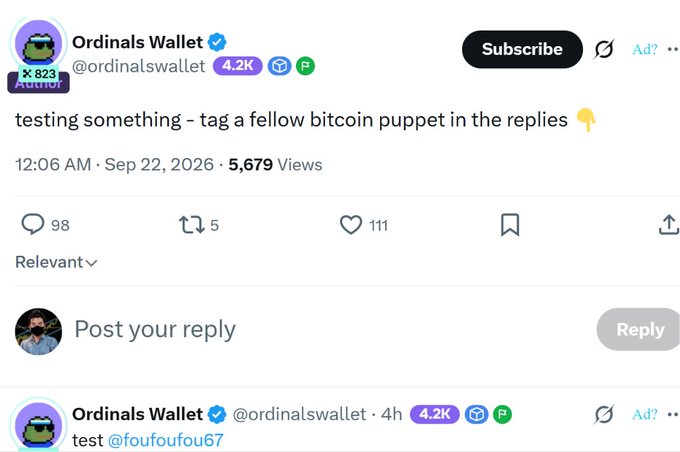 A tweet from the verified Ordinals Wallet (@ordinalswallet) account reads "testing something - tag a fellow bitcoin puppet in the replies 👇" and shows 98 replies, 5 retweets, and 111 likes, with a reply from the same account tagging @foufoufou67. The post and accompanying caption suggest Ordinals Wallet is teasing or "cooking" something new for the Bitcoin/Ordinals community, hinting at an upcoming feature or announcement.
